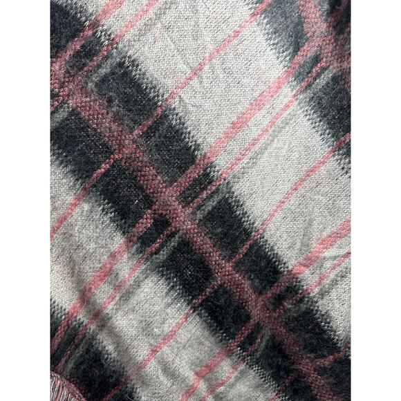 Lucky Brand Plaid Pink Gray Cardigan Shawl Fringe Sweater Jacket Size Large - Picture 2 of 3